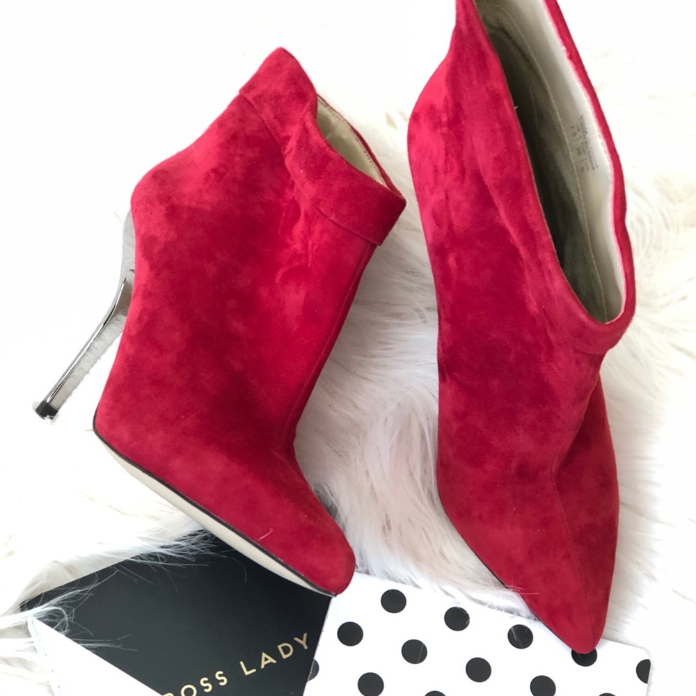 Red Suede Pointed-Toe Stiletto Booties